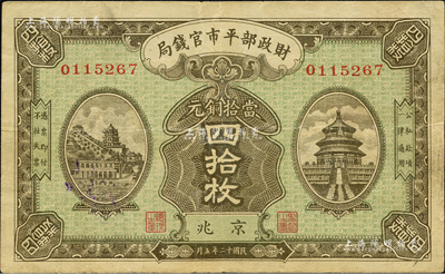 民国十二年（1923年）财政部平市官钱局当拾铜元四拾枚，京兆地名；森本勇先生藏品，八成新