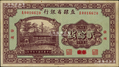 民国十四年（1925年）直隶省银行当拾铜元贰拾枚，保定改徐州地名，此种版式存世极为罕见，八五成新