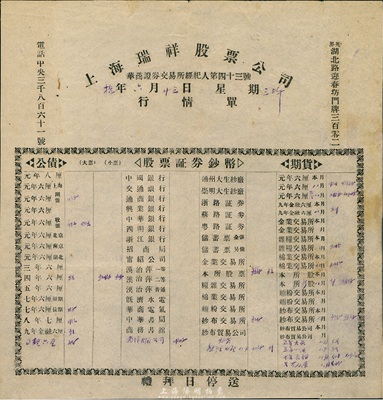 民国拾年（1921年）上海瑞祥股票公司行情单，该公司为华商证券交易所经纪人第43号，票上印有各种公债、股票证券及期货行情；此种最早期的证券业行情单存世极为罕见，值得研究和珍视，八成新