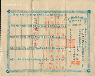 民国十八年（1929年）福建程漳轻便铁路股分有限公司红利支领票，面额伍股票，票上董事长林少甫、总经理黄恩培（曾任福建省立第二师范学校校长）均为漳州著名绅商；少见，八成新