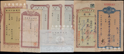 民国各银行本票一组共8枚，详分：中国通商银行总行信托部本票；1933年重庆市市民银行本票银元贰千元；1935年中国银行本票大洋壹佰圆；交通银行本票2种未填用；中央银行本票未填用3枚；绍兴越龙钱币博物馆藏品，保存较佳，敬请预览