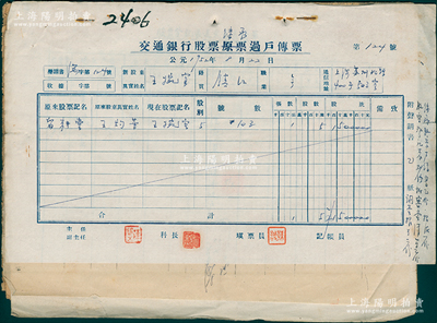 1952年《交通银行股票继承过户传票》1册，内含股票登记表、报告书、声请书、审查清单、登报声明之报刊等，保存较佳，敬请预览