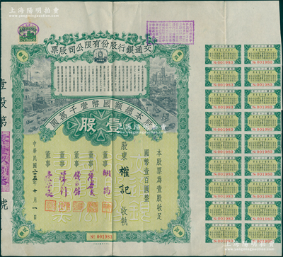 民国二十五年（1936年）交通银行股份有限公司股票，壹股计国币壹百圆，票上董事胡筠、唐寿民、钱永铭、陈行、宋子文均为近代著名银行家，附带有息票；少见且富历史意义，八五成新